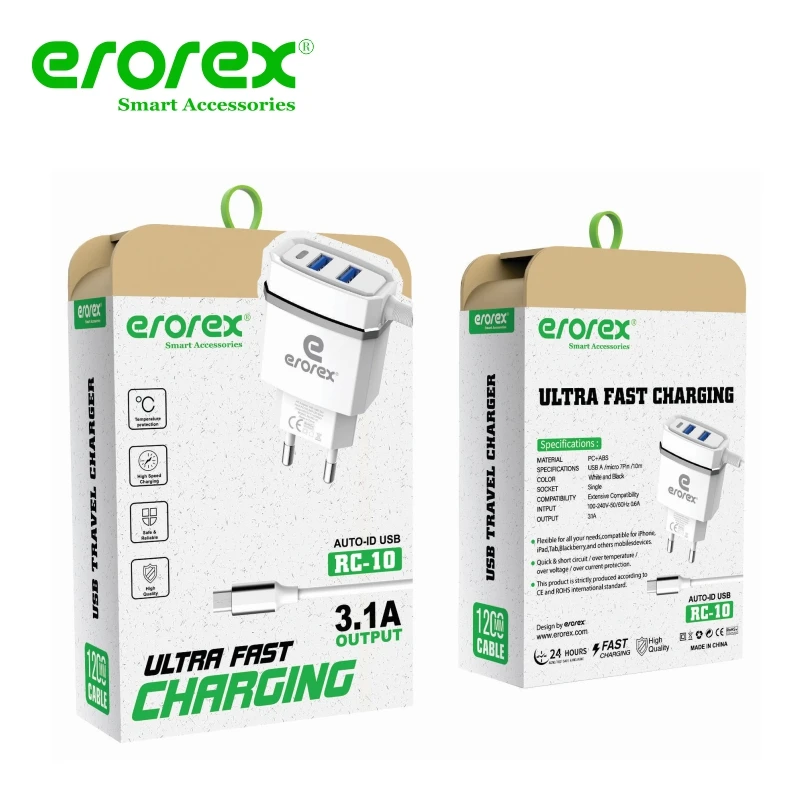 Erorex High Quality – Quick Fast charger 3.1 Ampere with dual usb ports  Model RC-10x price in Pakistan