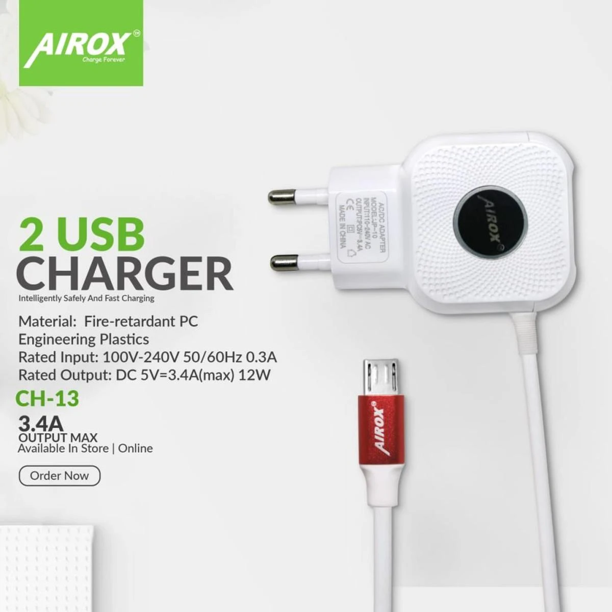 Airox CH13 Charger – Phone Charger Adapter – Fast Charging Adapter Cable – Stylish Wall Charger – High Quality Charger price in Pakistan
