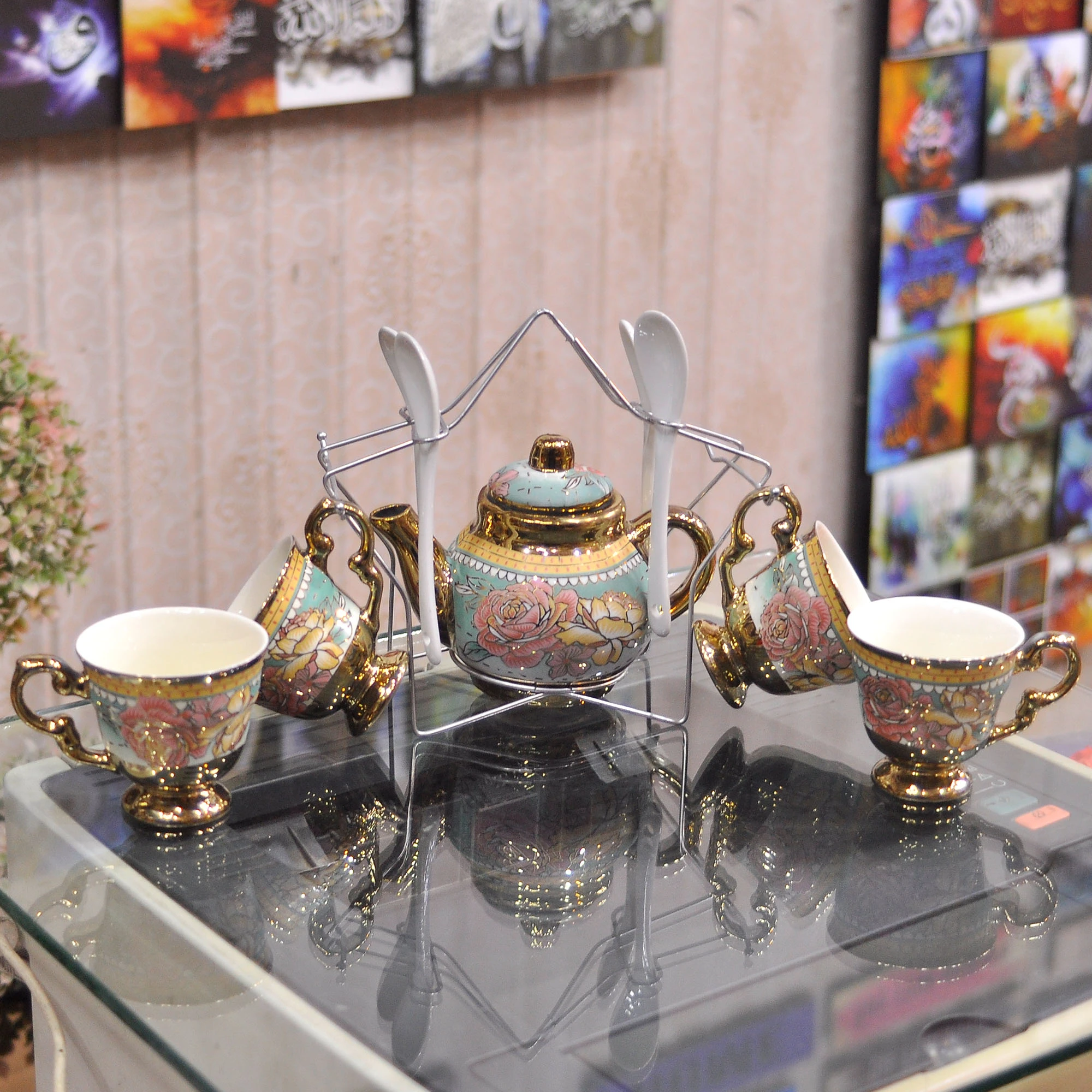 Ceramic Decoration Tea Cup Set with Kettle Spoon Household Green Tea Cup Kettle Set with Stand price in Pakistan