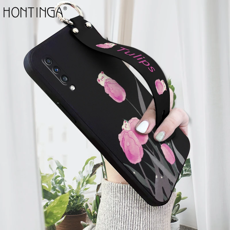 Samsung Galaxy A70 Back Cover Wrist Strap Soft Candy Color Tulips Flower Case Square Liquid Silicone Mobile Cover price in Pakistan