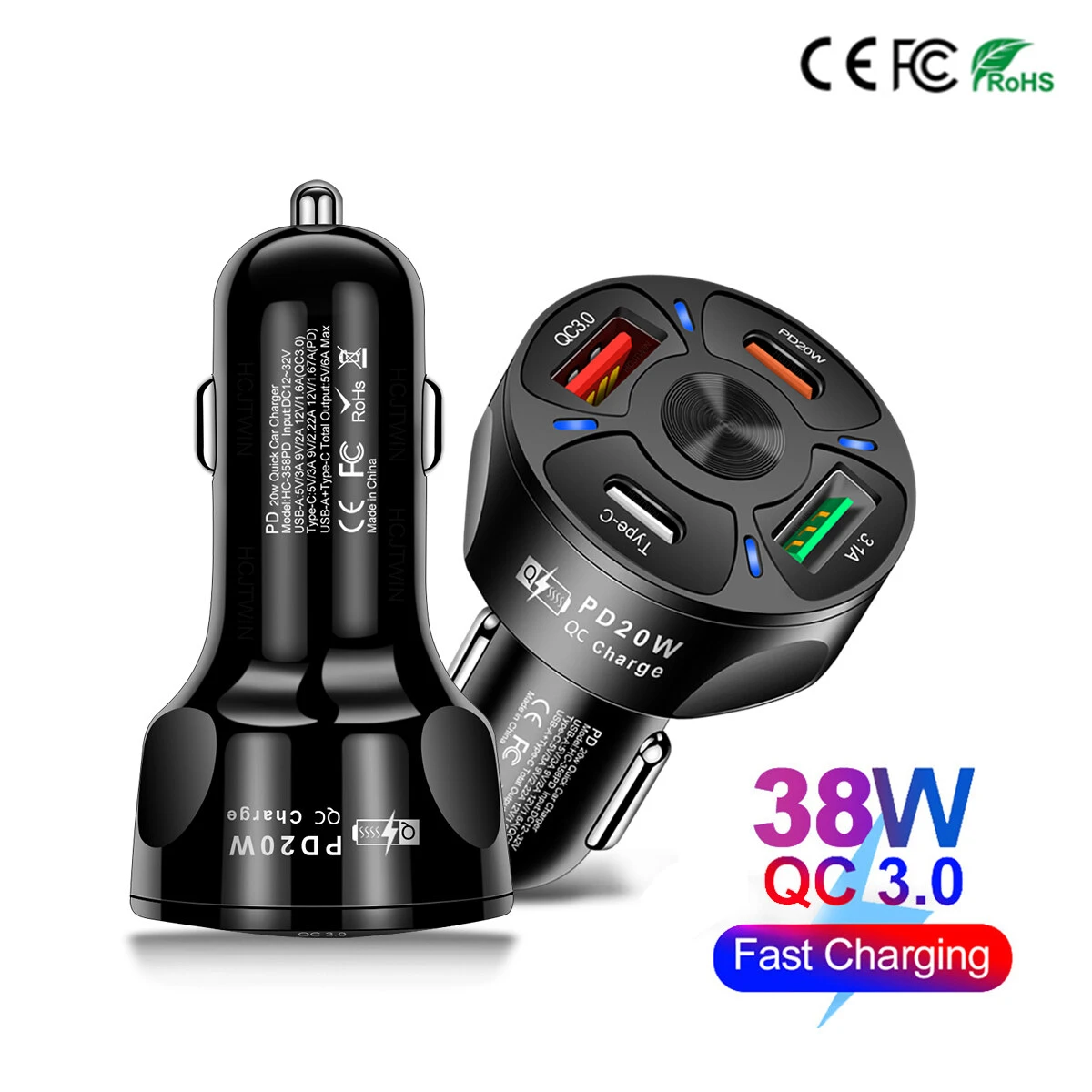 Kebidu 12V 24V 4 Ports QC3.0+ PD 38W Fast Charging Car Phone Charger Adapter with LED Light price in Pakistan