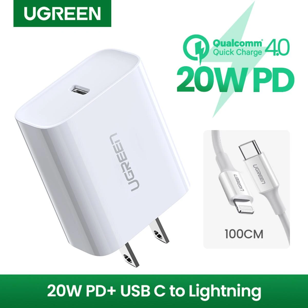 UGREEN USB C Charger 20W Power Delivery with USB-C to Lightning Cable MFi Certified Foldable Type C Fast Wall Charger price in Pakistan