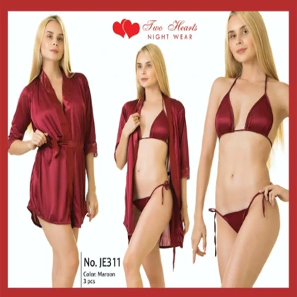Two Hearts 3 Pieces Silk Nightwear & Lingerie with Short Gown for Women & Girls – Maroon price in Pakistan