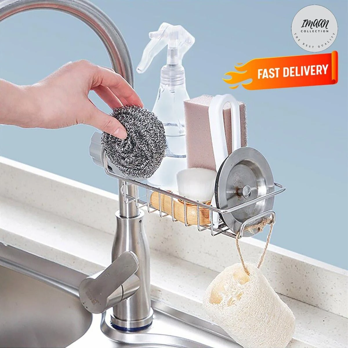 Sponge Holder for Kitchen Stainless Steel Faucet Storage Rack Adjustable Sink price in Pakistan