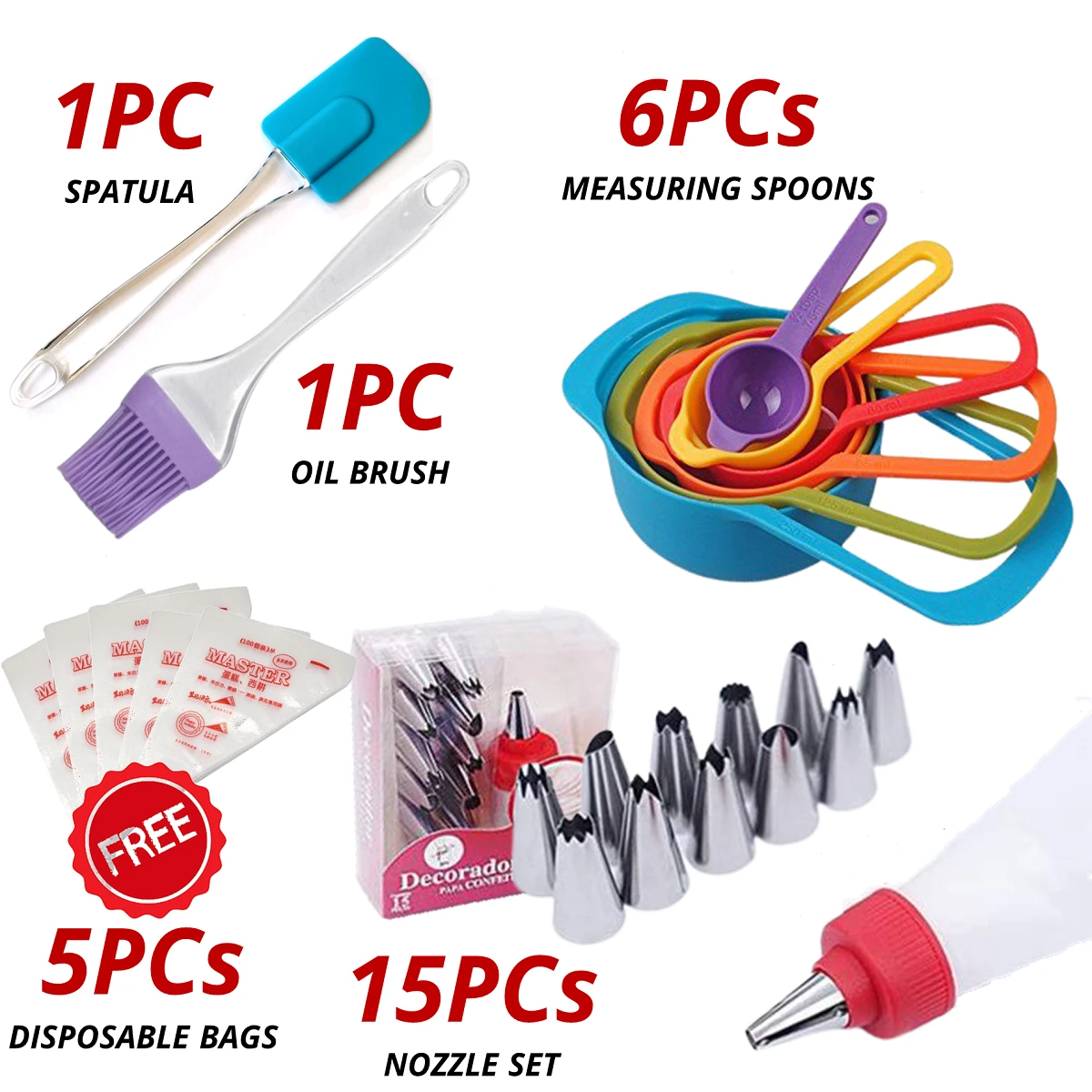 Best Cake Baking Deal Accessories Combo – Decorating Cake Nozzle Set, Silicon Spatula, Oil Brush and Measuring Spoons price in Pakistan