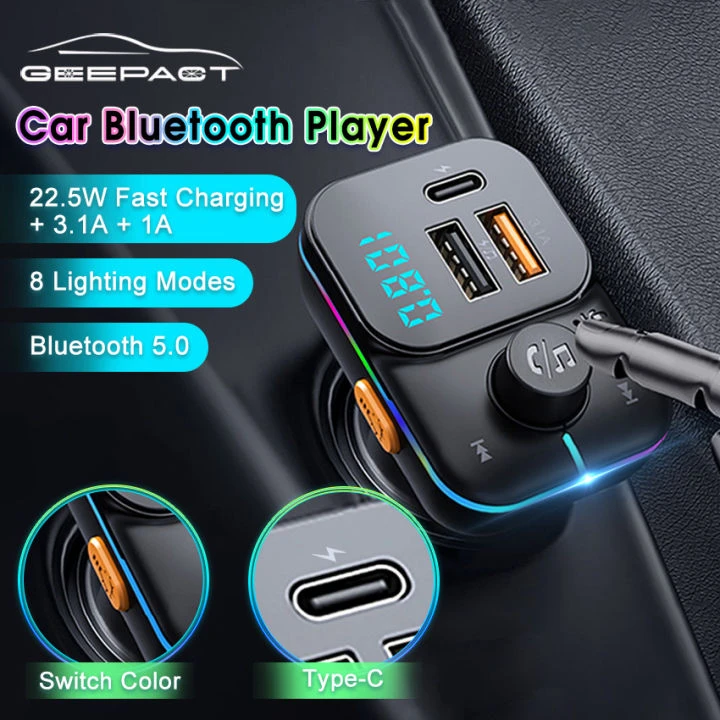 Geepact Car Charger Bluetooth 5.0 Super Fast Charging Colorful Lights Car Bluetooth MP3 price in Pakistan