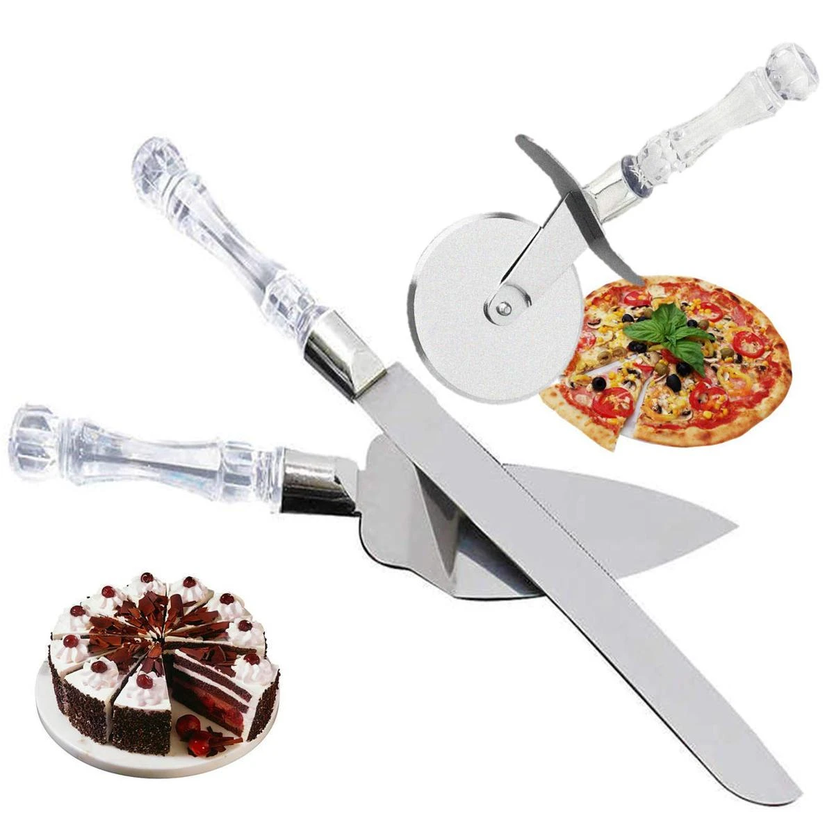 Stainless Steel Cake Knife, Server Set and Pizza Cutter with Acrylic Handle price in Pakistan