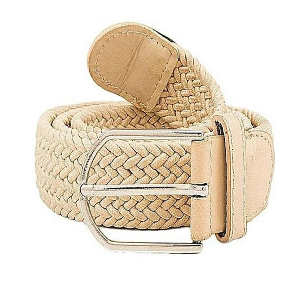 Braided Elastic Woven Leather Stretchable Belt for Men & Women Off white Color price in Pakistan