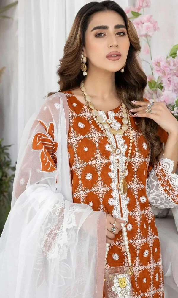 Mohagni- 3PC Lawn Embroidered Shirt With Printed price in Pakistan