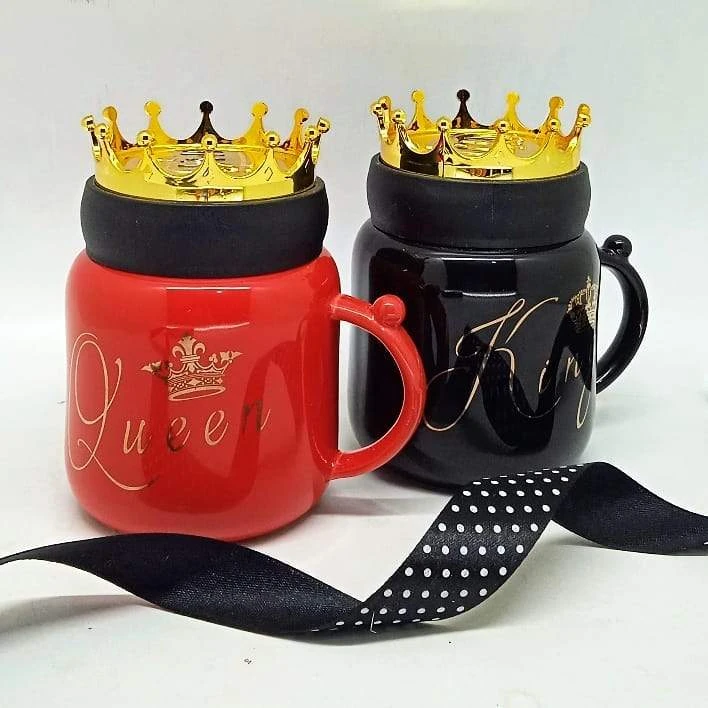 King Queen couple mugs with crown Lid. Classical cermic mug, a best gift for wedding or anniversary or for parents price in Pakistan