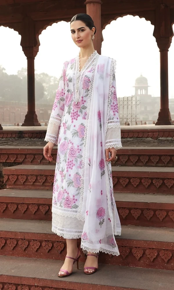 Bareeze-3PC Pink Rose Front Embroidered Shirt And Embroidered Bamber Dupatta price in Pakistan