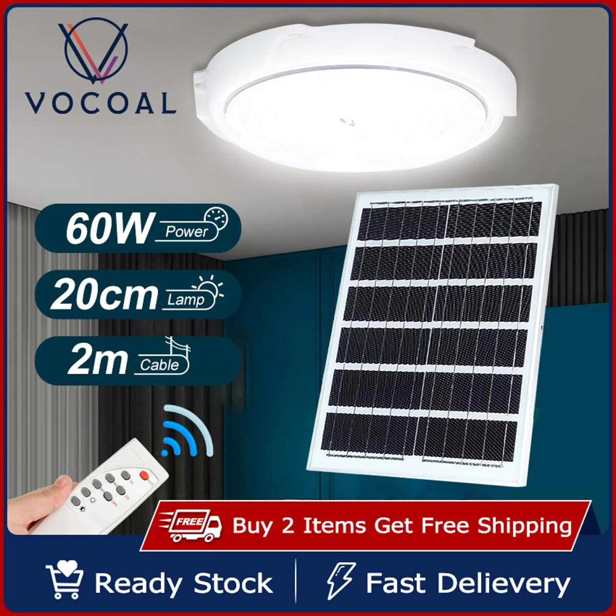 Vocoal 100W 60W Solar Ceiling Light Pendant Light IP65 Waterproof Outdoor Lamp Indoor Solar price in Pakistan