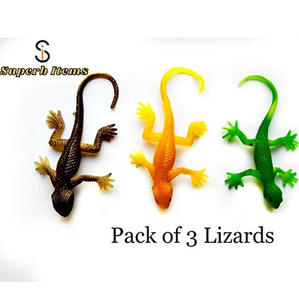 Pack of 3 Rubber Lizards  Rubber Lizard Toy  Black, Green & Yellowish Chipkali Lizards Prank Items Toys price in Pakistan