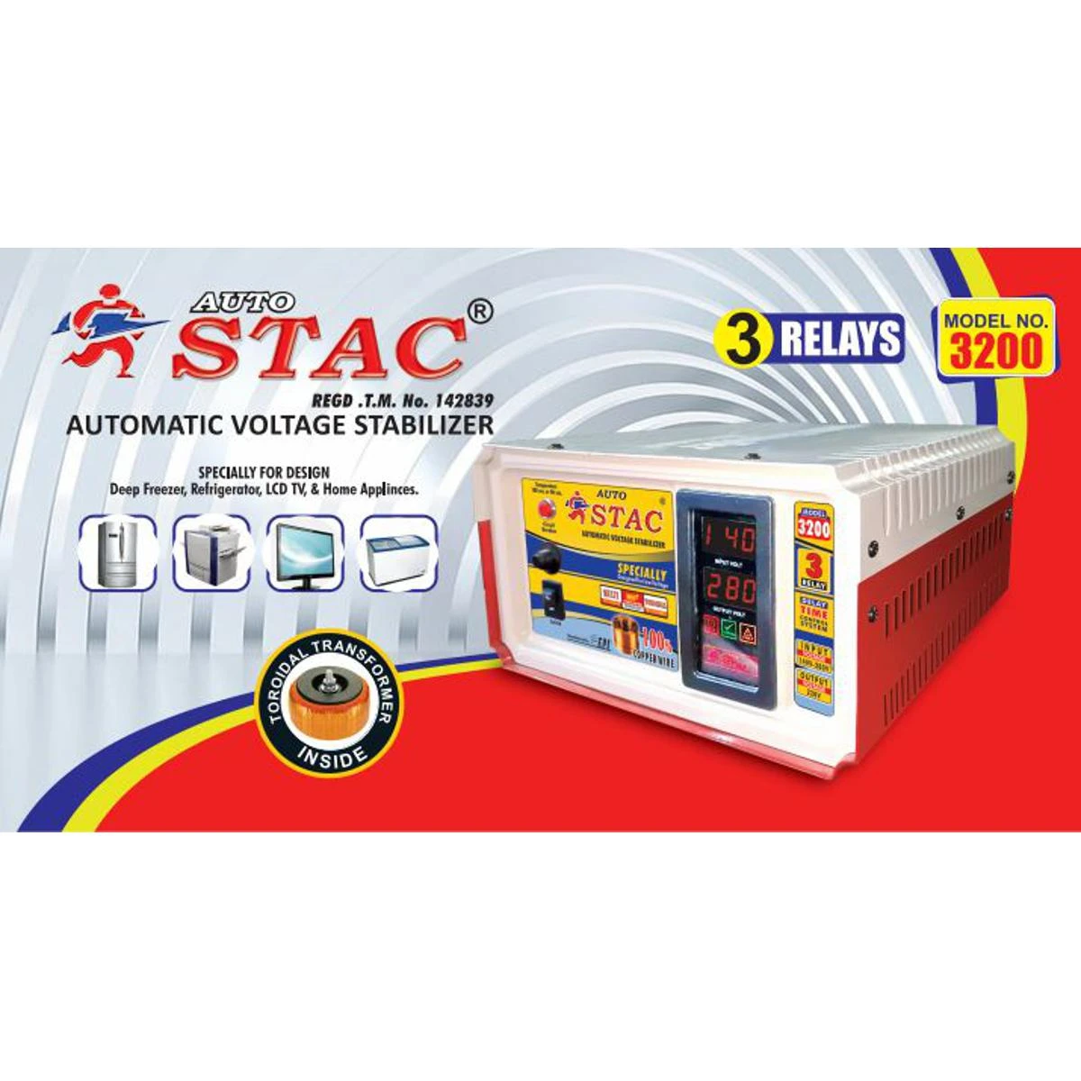 STAC Voltage Stabilizer 3200 Watt (160-280V) 3 RELAYS, COPPER WIRE, INPUR 160 VOLTS price in Pakistan