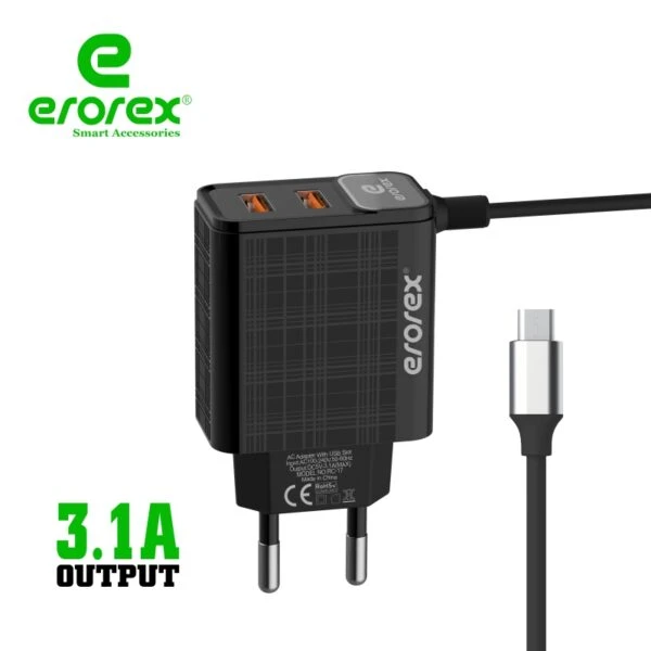 Erorex USB TRAVEL Fast CHARGER 3.1 Ampere with full protection Also attractive to look and very strong body price in Pakistan