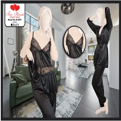 Two Hearts 3-Piece Silk Nightwear For Girls & Women – Black price in Pakistan