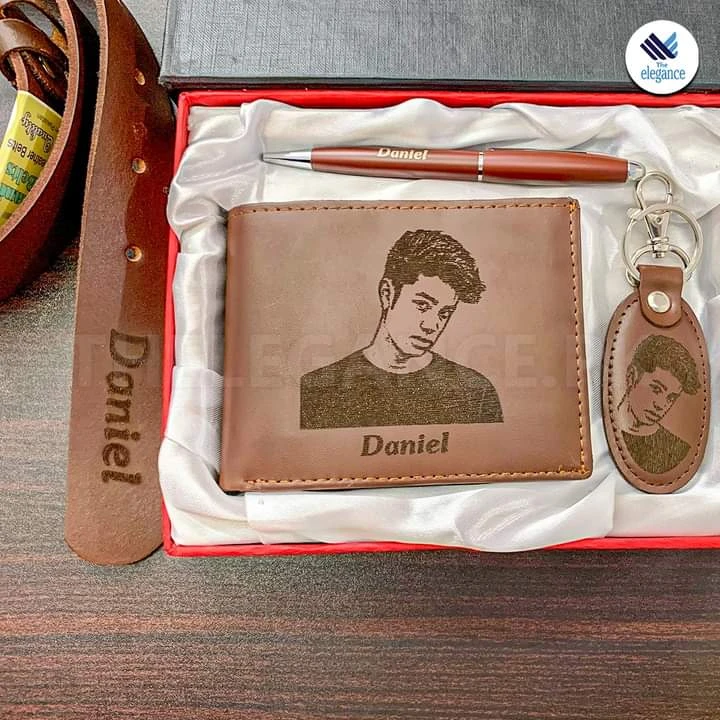 Pure Lether wellat + Key chain + pen with Nam and skech photo print price in Pakistan