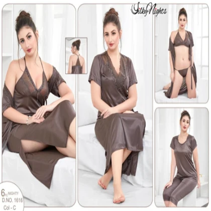 Silky Nights 6-Pieces Bridal Nightwear With Lace Work For Girls & Women – Dusty Brown price in Pakistan